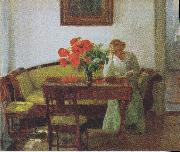 Interior with poppies and reading woman, Anna Ancher